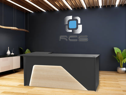 An elegant and streamlined modern office desk with a sleek design. The desk features a minimalist aesthetic with clean lines, a smooth surface, and a contemporary color scheme. It includes ample workspace, integrated storage compartments, and stylish metal or wooden legs. Perfect for a productive and modern work environment