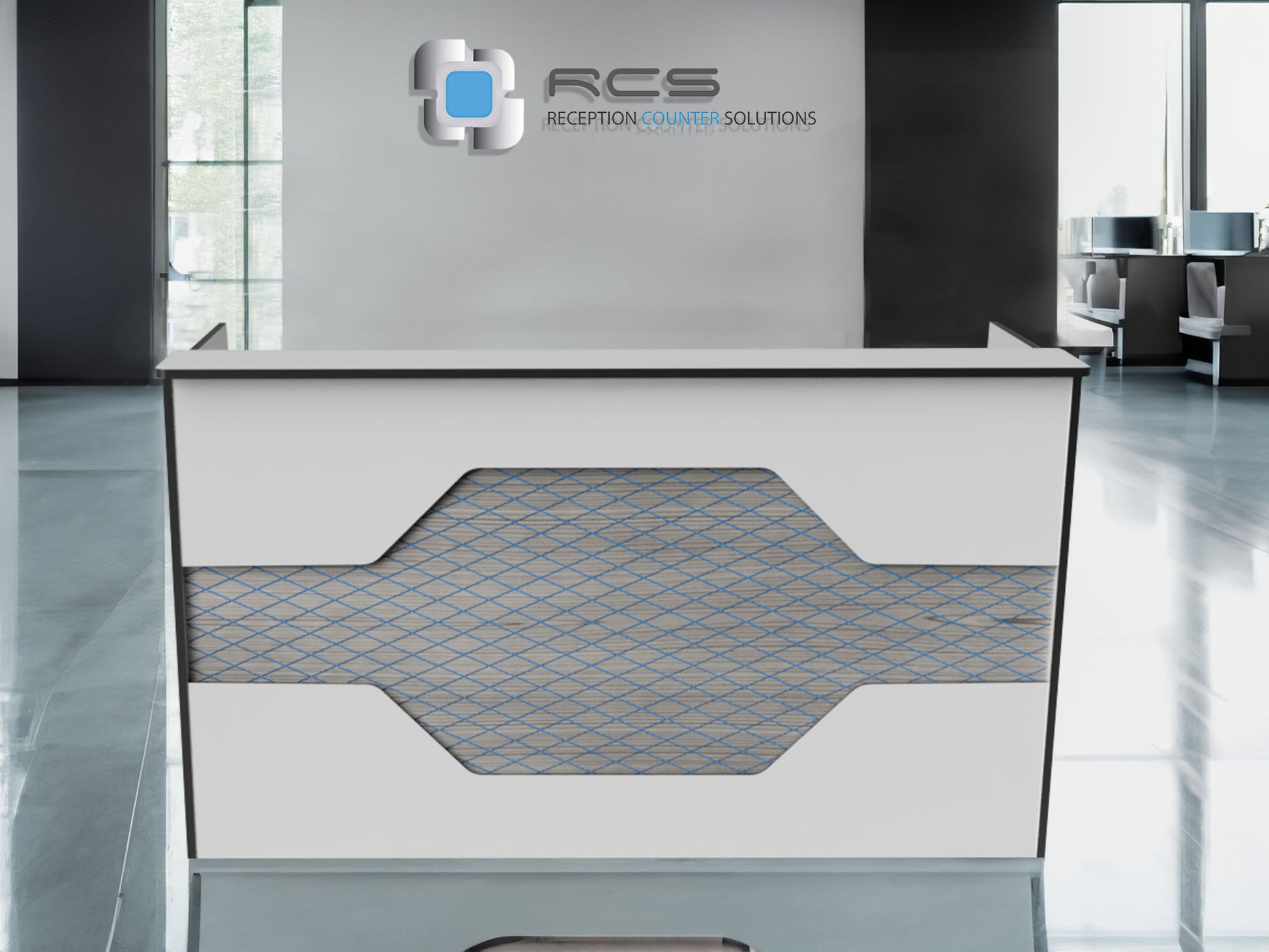 Modern White  Los Angeles reception desk that can be used as a sales counter, check in desk, and other office furniture uses